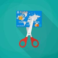 Cartoon scissors cutting a credit debit bank card. Mobile app, web design, infographic concept. vector illustration in flat design on green background