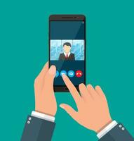 Hands with smartphone. Director communicates with staff . Online meeting, video call, webinar or training. Vector illustration in flat style