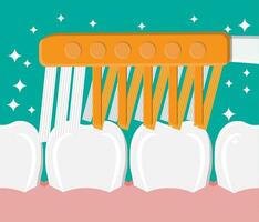 Toothbrush cleans teeth. Brushing teeth. Dental equipment. Hygiene and oralcare. Vector illustration in flat style
