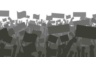 Silhouette of cheering or protesting crowd with flags and banners. Protest, revolution, conflict. Vector illustration