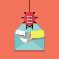 Infected email icon. opened mail and virus malware bug. vector illustration in flat design on red background