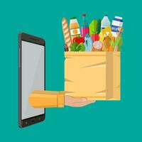 Paper shopping bag full of groceries products and smartphone. Grocery store. Supermarket. Fresh organic food and drinks. Vector illustration in flat style