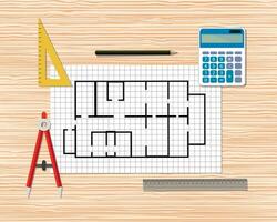 arquitectónico proyecto. construcción. edificio y planificación. ingeniero de madera escritorio con edificio plan, Brújula divisor, lápiz, gobernantes, calculadora. vector ilustración en plano estilo