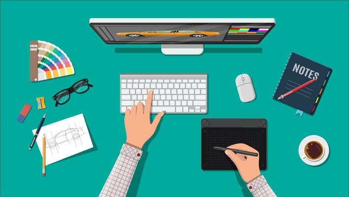 Designer workplace. Illustrator desktop with tools. Desktop pc, keyboard, mouse, glasses, notes, pen, coffee. Sketch on paper blank. Hands drawing on graphic tablet. Vector illustration in flat style