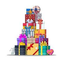 Pile of gift boxes isolated on white. Colorful wrapped. Sale, shopping. Present boxes different sizes with bows and ribbons. Collection for birthday and holiday. Vector illustration in flat style