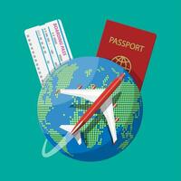 Airplane top view. Passenger or commercial jet, boarding pass and passport. Globe in dots. Cartography and geography. Aircrfat lat style. Journey or vacation, business trip. Vector illustration