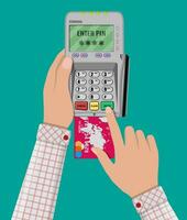 hand enters a pin code for a Bank card on the payment pos terminal. vector illustration in flat style