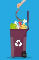 Food waste garbage bin container full of junk food. Salad, fishbone, bone, apple, cheese. Vector illustration in flat style