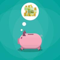 pink piggy bank dreaming about money. vector illustration in flat style on green background