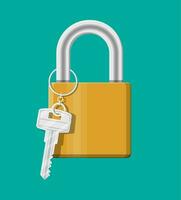 Metal padlock with key. Pad lock with keyring. Protection, security and defence. Vector illustration in flat style