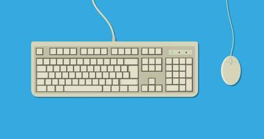 White retro computer keyboard and mouse with shadow. vector illustration in flat design on blue background