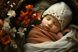 ai generado nacido bebé dormido en flor cesta ai generado foto