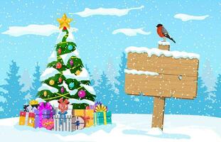 Christmas landscape with tree, gift boxes and wooden signpost with bullfinch bird. Winter landscape with fir trees forest and snowing. New year celebration xmas holiday. Vector illustration flat style