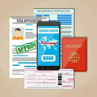 International passport, approved visa application, insurance certificate, smartphone with booking app and boarding pass ticket. Travel concept. Vector illustration in flat style on brown background