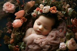 AI generated Born baby sleeping in flower basket Ai generated photo