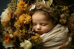 AI generated Born baby sleeping in flower basket Ai generated photo