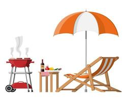 Bbq party. Sun lounger, table with bottle of wine, vegetables and cheese, electric grill with barbecue and umbrella. Cooking steak, meat and sausages, grilling bbq. Vector illustration flat style