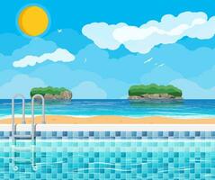Swimming pool and ladder. Ocean and islands. Sky, clouds, sun. Vacation and holiday concept. Vector illustration in flat style