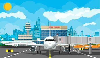 Plane before takeoff. Airport control tower, jetway, terminal building and parking area. Cityscape. Sky with clouds and sun. Vector illustration in flat style