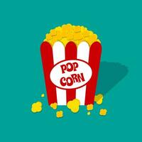 Opened Red white paper box with popcorn. Popcorn logo. vector illustration in flat design on green background