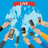 Few hands of journalists with microphones, tape recorder and smartphone. journalism, live report, hot news, television and radio casts concept. vector illustration in flat style, world map background