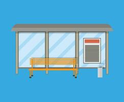 Empty Bus Stop with bench and trash receptacle. vector illustration in flat style on blue background