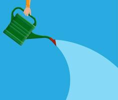 Hand with green plastic watering can isolated on white. vector illustration in flat style