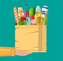 Paper shopping bag full of groceries products. Grocery store. Supermarket. Fresh organic food and drinks. Vector illustration in flat style