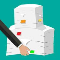 Hand hold pile of papers. Office documents heap. Routine, bureaucracy, paperwork, big data, office. Vector illustration in flat style