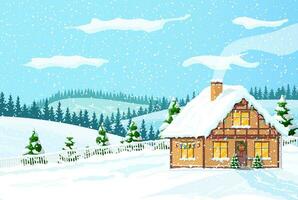 Suburban house covered snow. Building in holiday ornament. Christmas landscape tree spruce, fence. Happy new year decoration. Merry christmas holiday. New year xmas celebration. Vector illustration