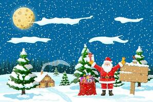 de madera letrero Papa Noel claus regalo bolsa, invierno paisaje pino bosque piñonero nevada. invierno paisaje abeto arboles bosque y nevando nuevo año celebracion Navidad día festivo. vector ilustración plano estilo