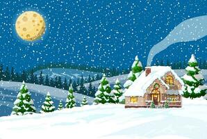 Suburban house covered snow. Building in holiday ornament. Christmas landscape tree spruce, fence. Happy new year decoration. Merry christmas holiday. New year xmas celebration. Vector illustration