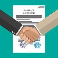 Contract agreement paper blank with seal and handshake. Businessmen shake hands after successful deal. Vector illustration in flat style