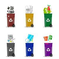 Waste management. Waste segregation. Separation of waste on garbage cans. Sorting waste for recycling. Colored waste bins with trash. Metal, glass, e-waste, plastic, paper, organic. flat vector