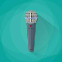 Grey metallic microphone with long shadow. vector illustration in flat design on green background