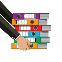 Files in hand, ring binders, colorful office folders. Side view. Bureaucracy, paperwork and office. Vector illustration in flat style