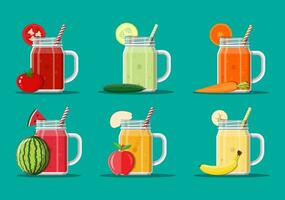 Jar with watermelon, apple, banana, tomato, cucumber, carrot smoothie with striped straw. Glass for cocktails with handle. Fresh vegetable and fruit juice set. Vector illustration in flat style