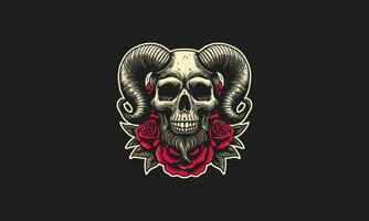 head skull with horn and red rose vector tattoo design