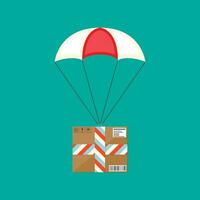 Delivery service, air shipping. Parachute with box. Package flying with parachute in the sky. Vector illustration in flat style