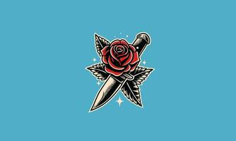 knife and red rose flowers vector tattoo design