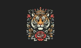 head tiger wearing crown and red rose vector tattoo design