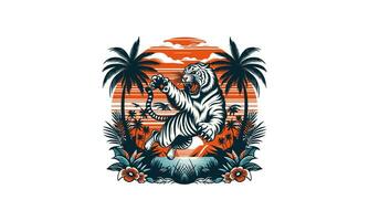 tiger angry and palm on sea sunset vector artwork design