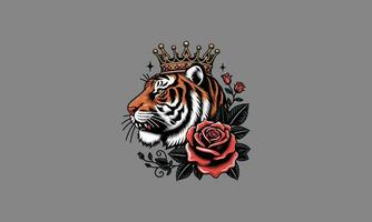 head tiger wearing crown and red rose vector tattoo design