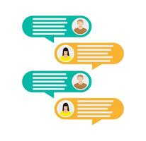 Couple avatar icons with dialog speech bubbles. Male and female faces avatars. Discussion group, people talking. Communication, chat, assistance. Vector illustration in flat style