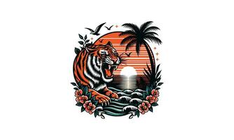 tiger angry and palm on sea sunset vector artwork design