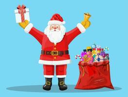 Santa claus with red bag with presents, gift boxes, jingle bell. Happy new year decoration. Merry christmas holiday. New year and xmas celebration. Vector illustration in flat style