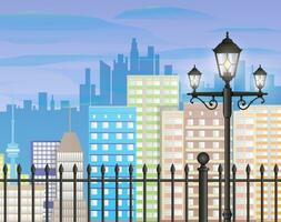 Modern City View. Cityscape with office and residental buildings, iron fence and street lamp, blue background with clouds. vector illustration