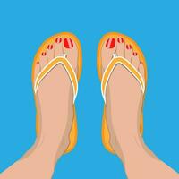 Female feet with red pedicure in summer flip-flops. Woman in slippers. Vector illustration in flat style