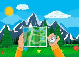 Folded paper city suburban map and compass in hands. Abstract generic map. GPS and navigation. Nature landscape with mountains and forest. Vector illustration in flat style
