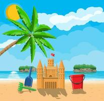 Sandcastle sculpture. Plastic bucket with rake, shovel. Fortress with towers. Kids children leisure fun game playground. Beach, island, palm, sea, sun, sky with clouds. Vector illustration flat style